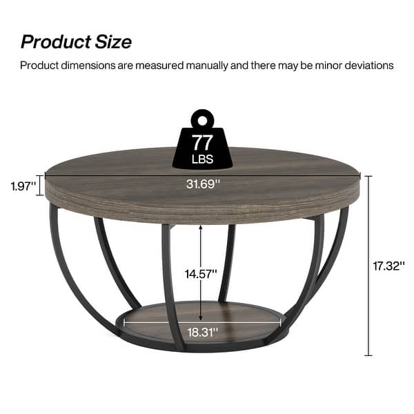 dimension image slide 1 of 5, 31.7" Round Coffee Table, Rustic 2-Tier Center Table with Storage Open Shelves