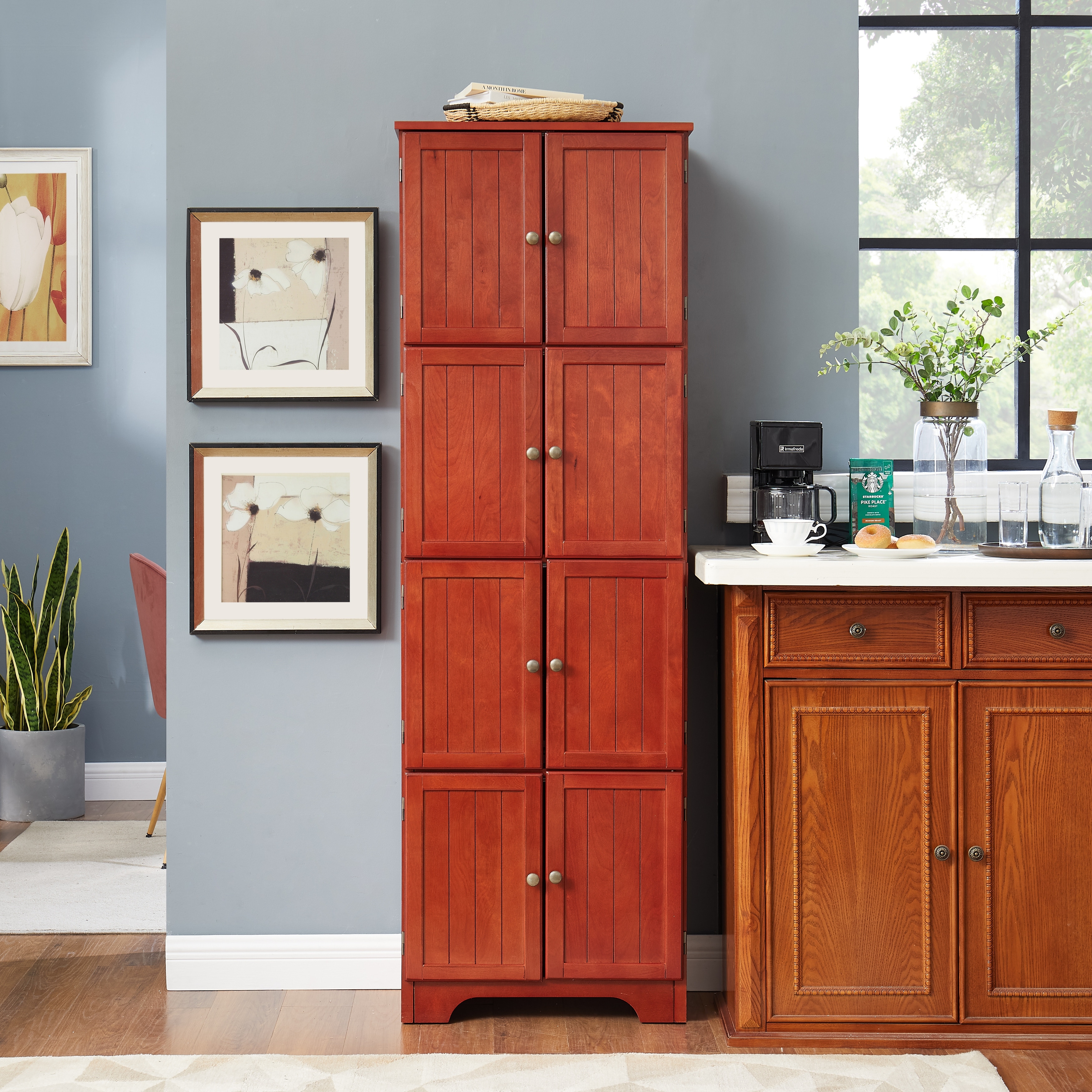 Tall Storage Cabinet Hallway Cabinet with 8 Doors, Bookshelf Freestanding Kitchen Sideboard with 4 Shelves