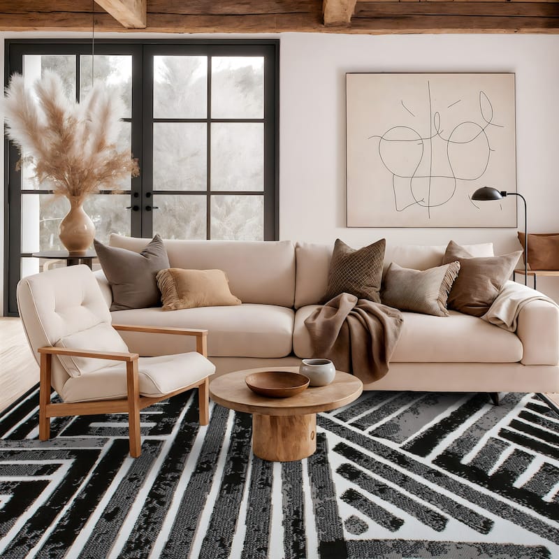 World Rug Gallery Contemporary Stripe Design Black / Gray / Ivory Area Rug