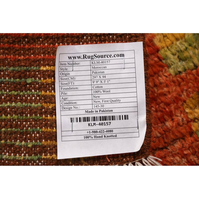Geometric Orange Moroccan Oriental Runner Rug Hand-Knotted Wool Carpet - 3'1" x 9'9"