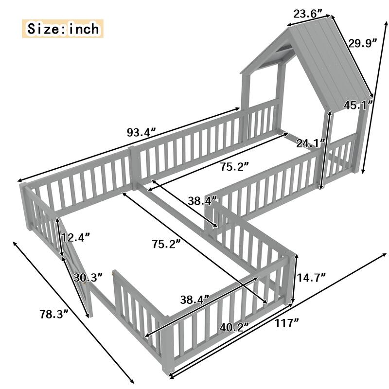 Modern House Floor Bed Frame, Double Floor Beds with Fence and Door