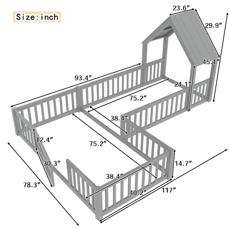 Montessori Floor Bed for Toddler Kids, L Shape House Bed with Door and Guardrails, Double Bed Frame Design for Sleeping and Play