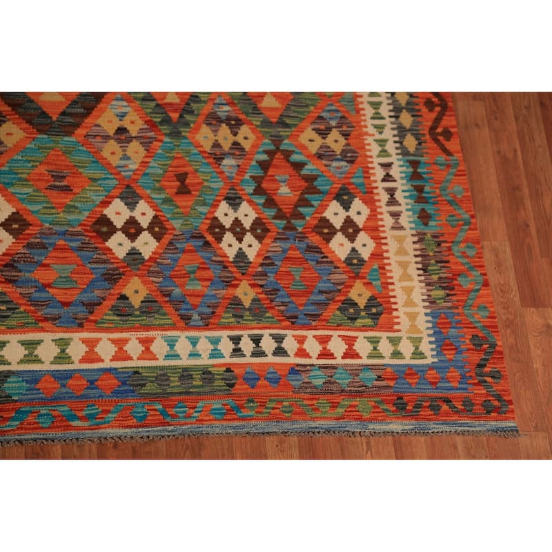 Geometric Kilim Oriental Area Rug Hand-Woven Wool Carpet - 10'1"x 12'11"