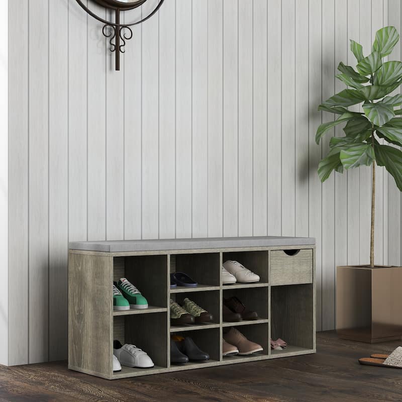 Shoe Bench, Entryway Bench with Padded Cushion, Drawer and Open Compartments, Bench with Storage, 3 Tier Shoe Rack Bench