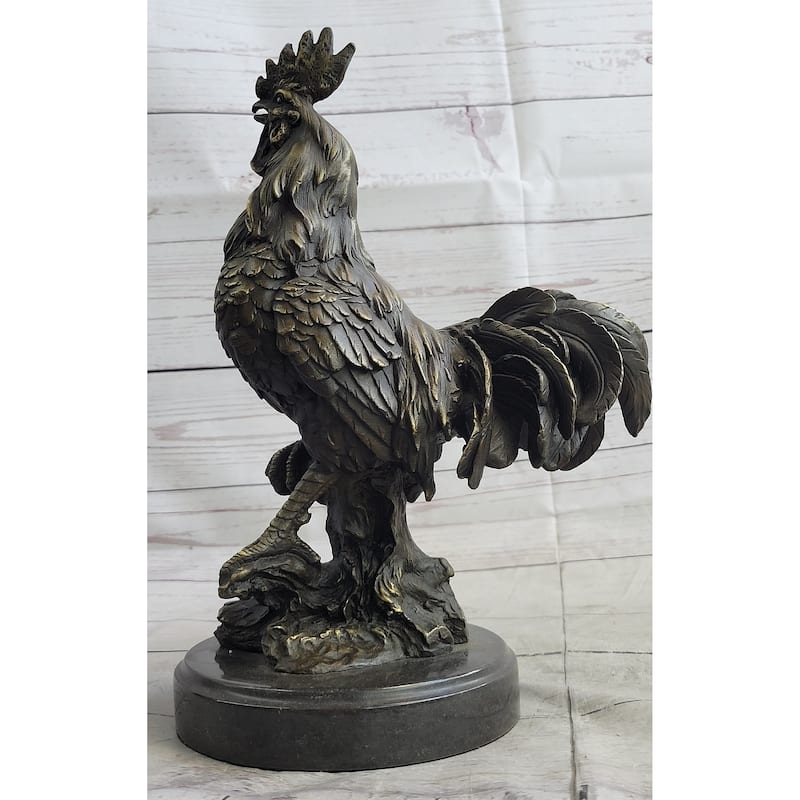 Rooster Chicken Farm Bronze Sculpture Statue Figure On Marble Base Signed Art Decor