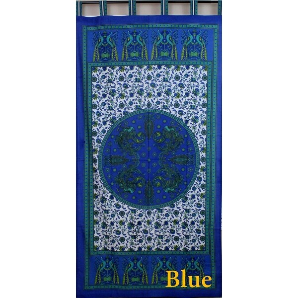 Handmade Peacock Curtain 100% Cotton Tab Top Door Panel Drape Blue 44x88 Inches