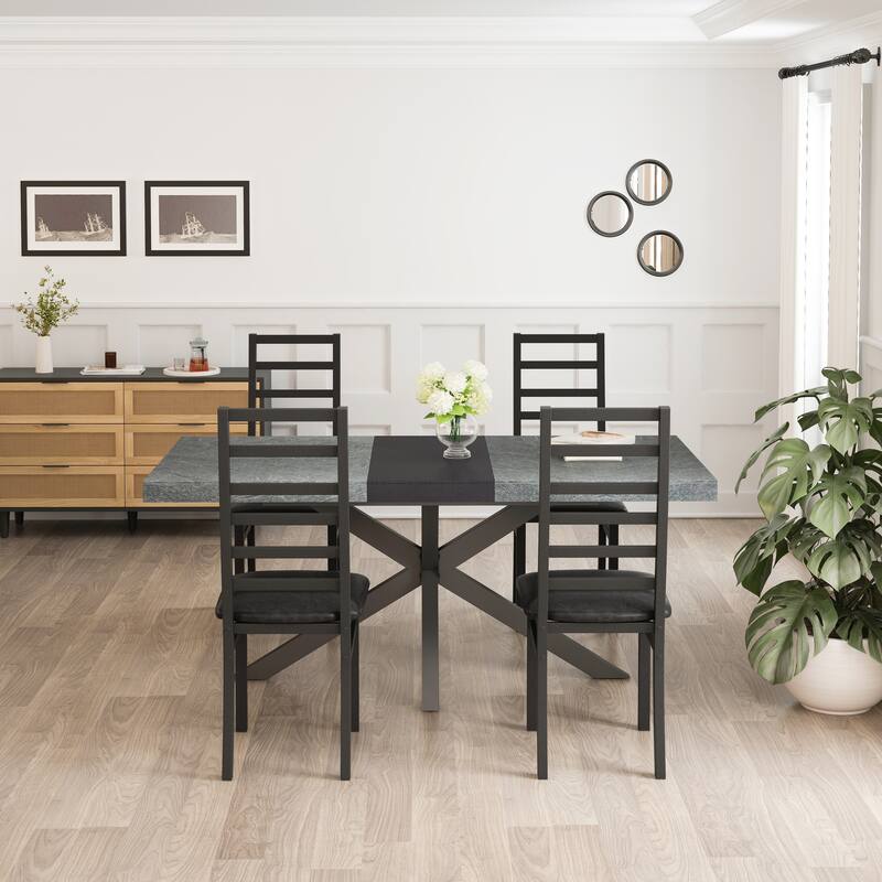 5 Pcs Dining Table Set, Kitchen Dining Table Set with Extendable Rectangular Table and 4 Upholstered Dining Chairs