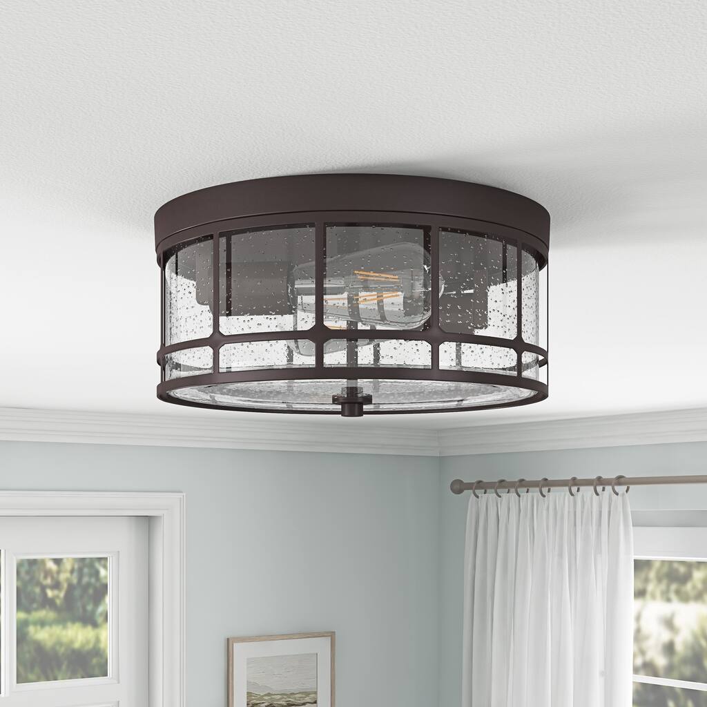 Oil Rubbed Bronze 2-Light Flush Mount Ceiling Light with Seeded Glass Shade
