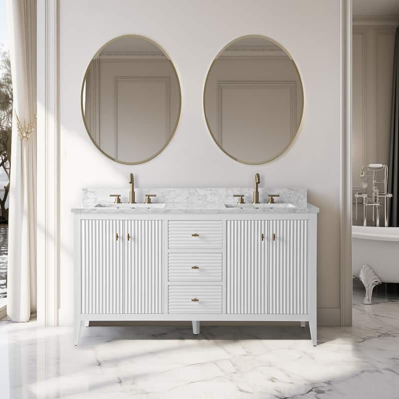 Vanity Art 60" Double Sink Bathroom Vanity Cabinet with Engineered Marble Top - 60"/Golden Brushed Handle - Linear White