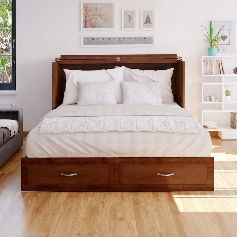 Hamilton Queen Murphy Bed Chest with 6" Mattress, Storage Drawer & Built-In Charger in Walnut