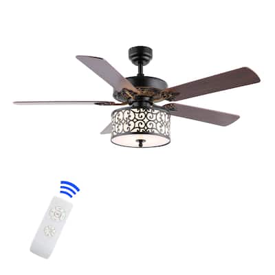 Paolo 52" 3-Light Farmhouse Industrial Iron Scroll Drum Shade LED Ceiling Fan With Remote, Black/White by JONATHAN Y