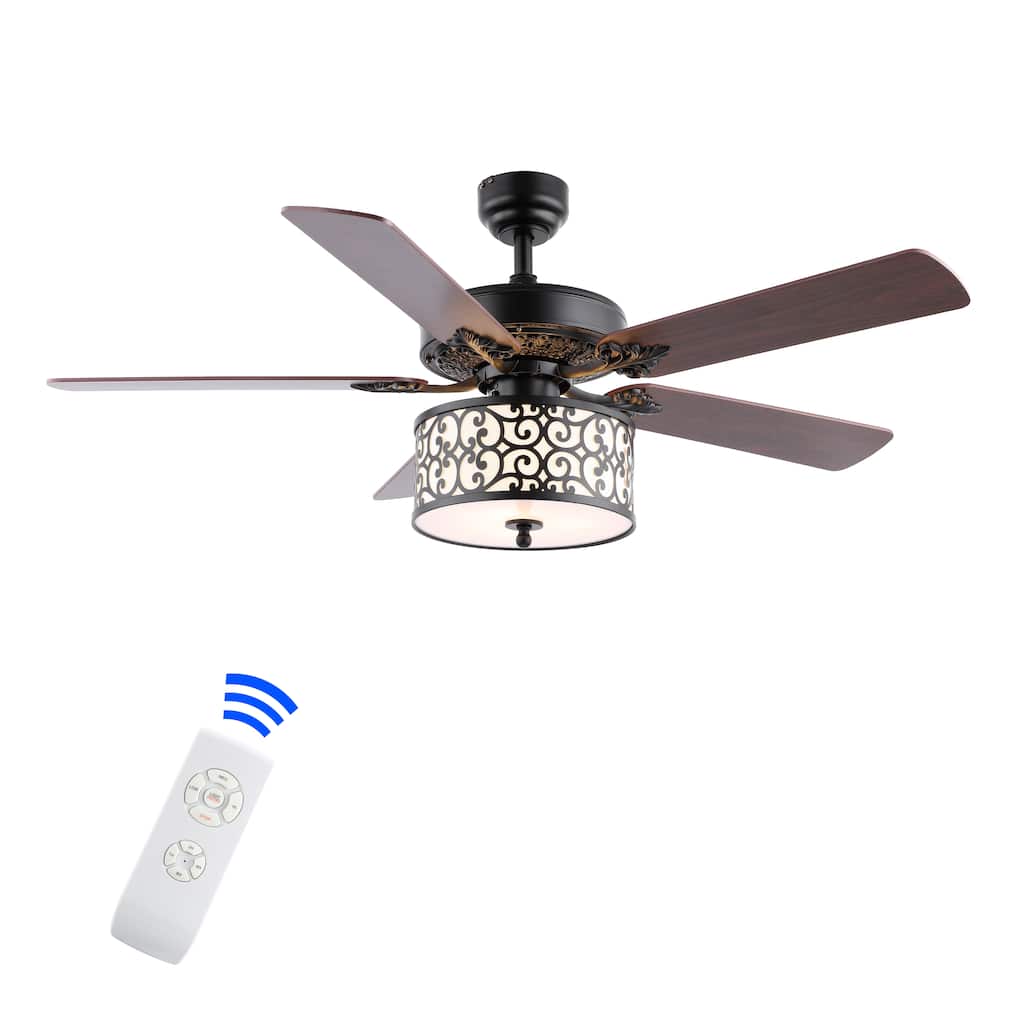 Paolo 52" 3-Light Farmhouse Industrial Iron Scroll Drum Shade LED Ceiling Fan With Remote, Black/White by JONATHAN Y