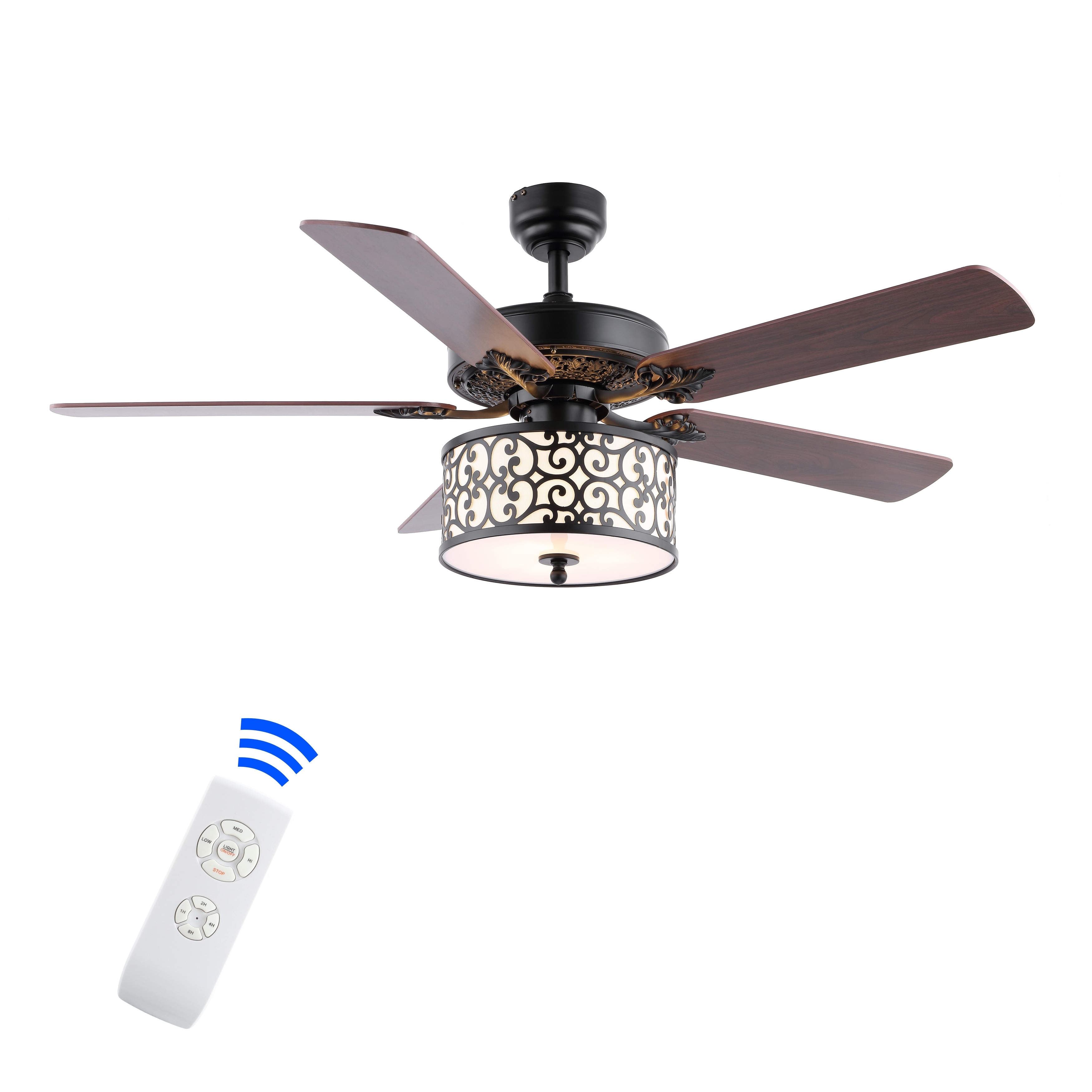 JONATHAN Y Paolo 52" 3-Light Farmhouse Industrial Iron Scroll Drum Shade LED Ceiling Fan With Remote, Black/White