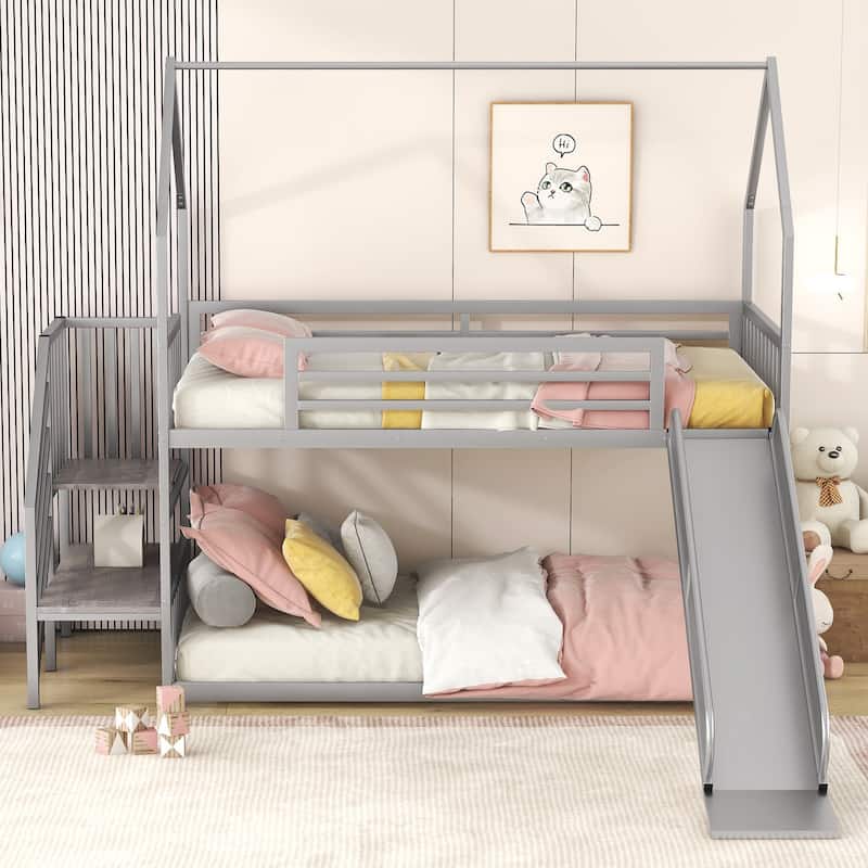 Metal Bunk Bed House Bed with Slide and Staircase