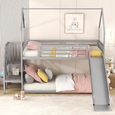 Twin Over Twin Bunk Bed House with Slide and Staircase, Metal Frame for Kids