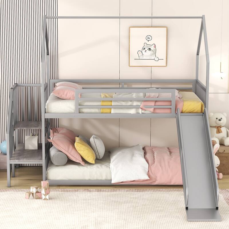 Twin Over Twin Metal Bunk Bed with Slide and Staircase, Silver