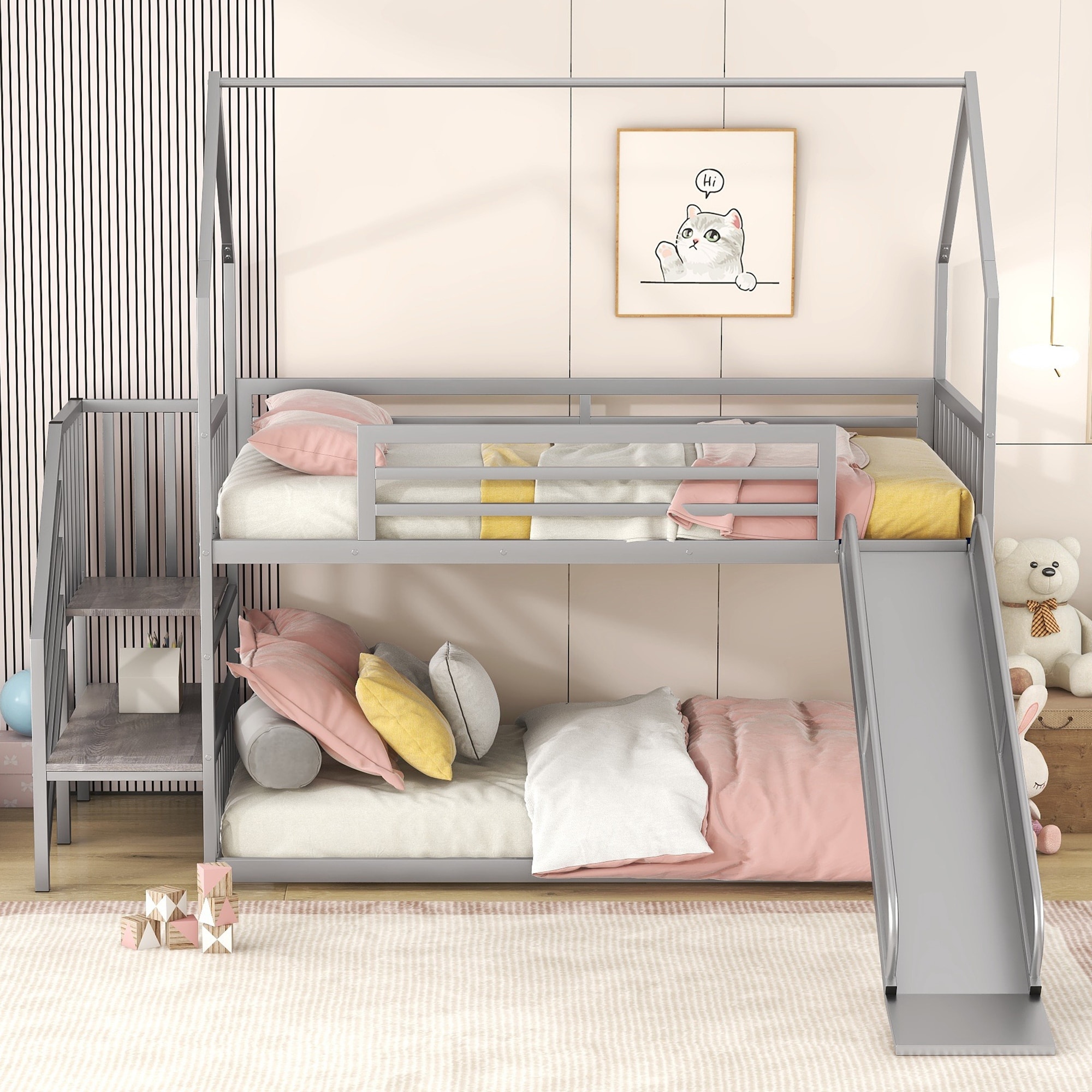 Twin over Twin Metal Bunk Bed House Bed with Slide and Staircase