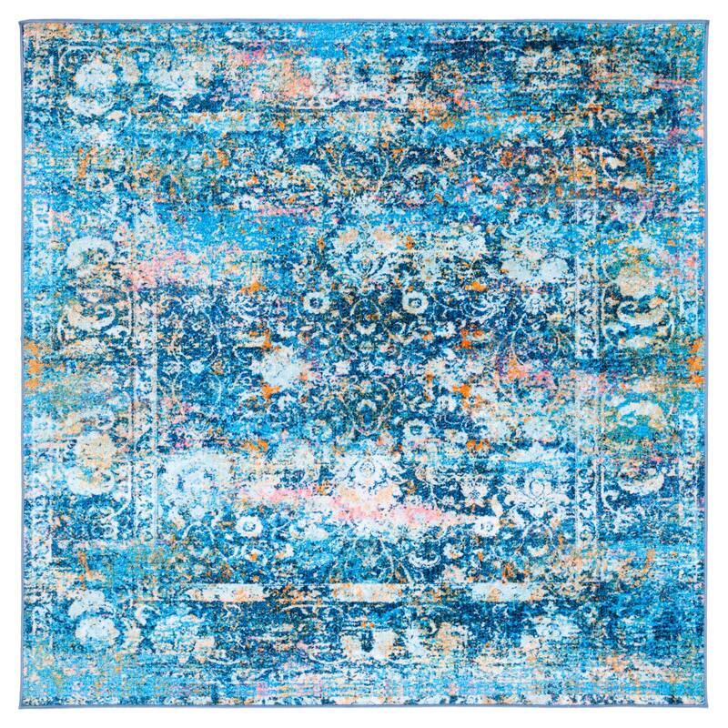 SAFAVIEH Bahia Mansueta Washable Slip Resistant Sybille Overdyed Rug - 6'7" Square - Blue/Gold