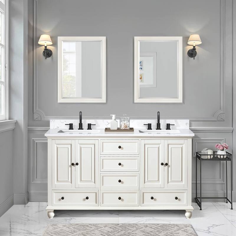 Thompson 60 in. Double Sink Bathroom Vanity with Engineered Stone Top - 61"W x 22"D x 35"H
