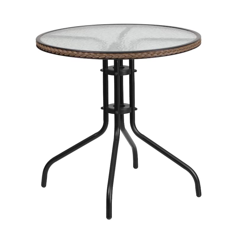 28'' Round Glass Metal Table with Rattan Edging and 4 Rattan Stack Chairs