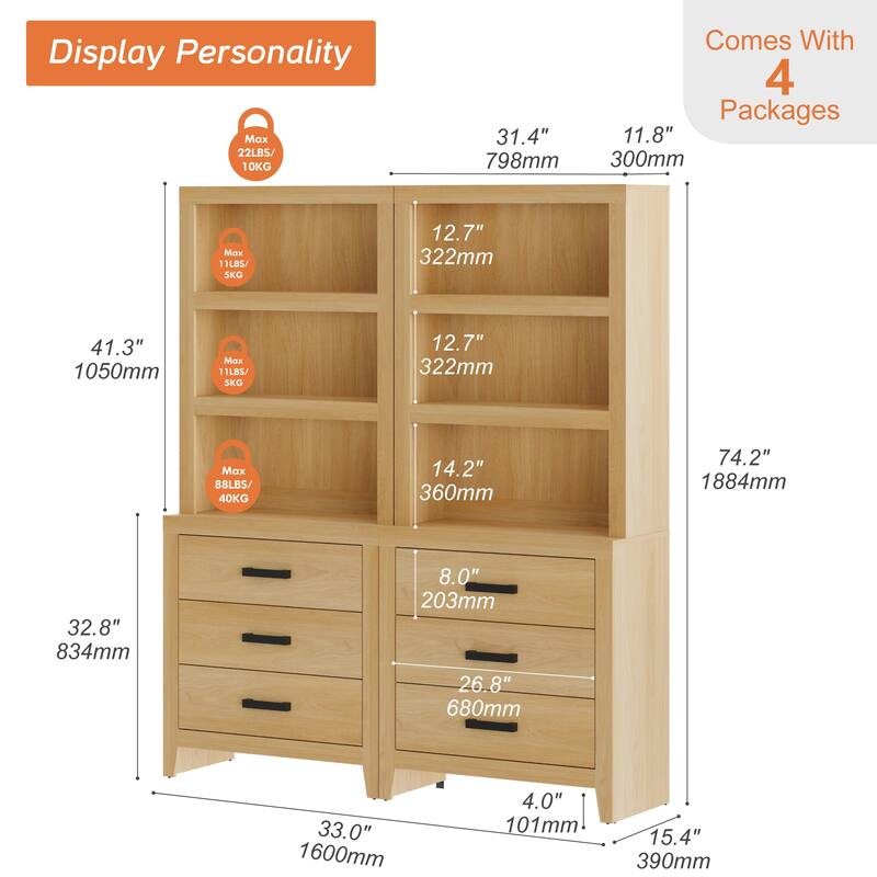 3-Tier Bookshelf with 3 Large Drawers, 74" Tall Farmhouse Bookcase with Wide Metal Handles, for Living Room, Office, Library