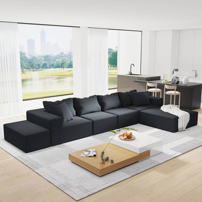 132" Chenille L-Shaped Sectional Sofa with 6 Pillows - Black