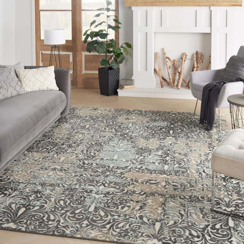 Nourison Soma Contemporary French Country Damask Area Rug - 7' 10" x 9' 10" - Charcoal Teal Ivory