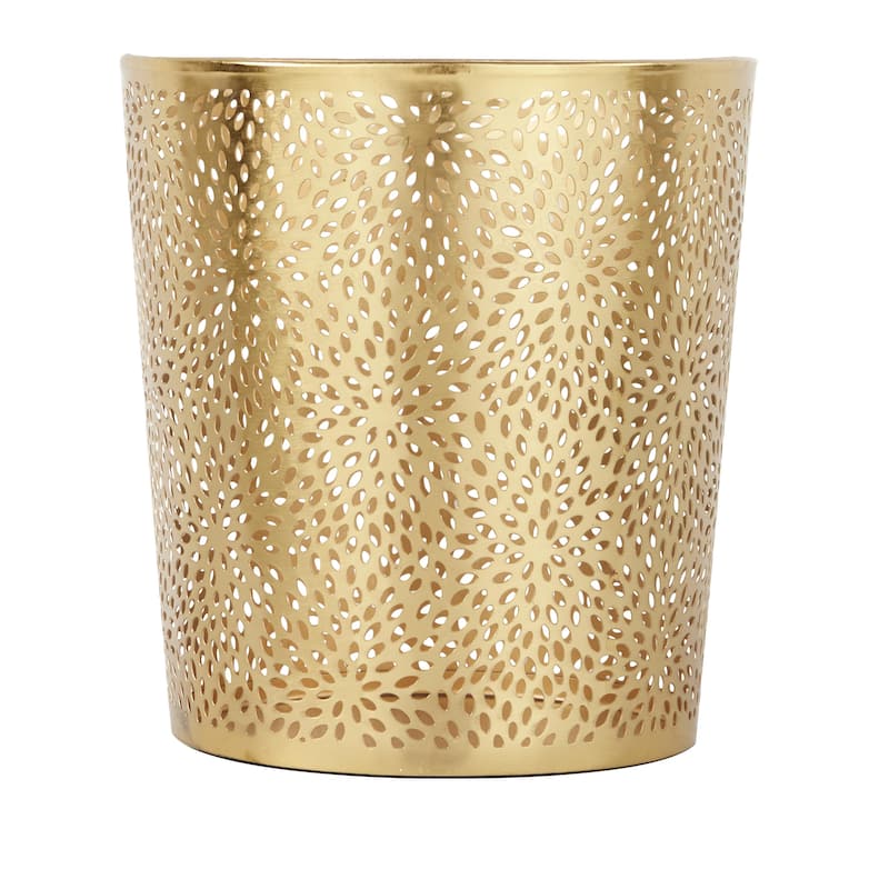 Metal Floral or Geometric Small Waste Bin with Laser Carved Design - Gold or Silver - CosmoLiving by Cosmopolitan
