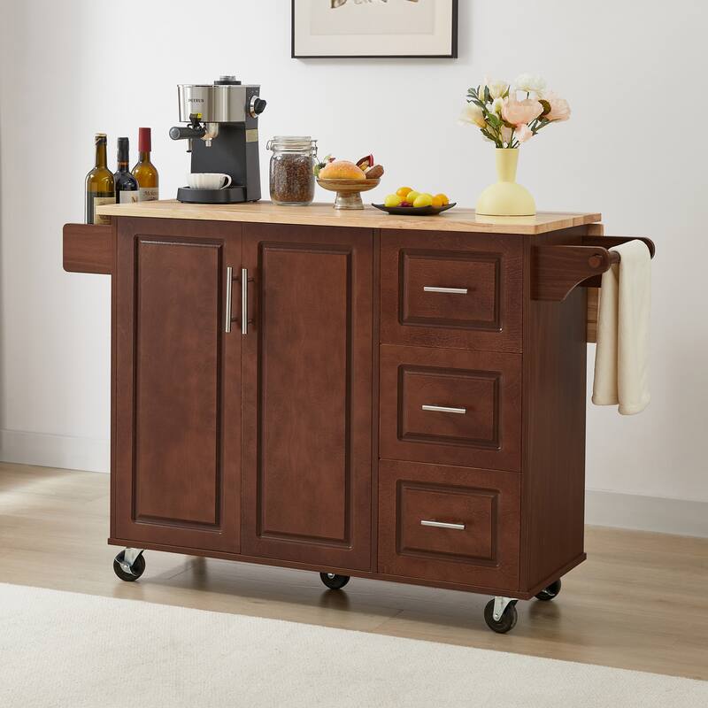 Anmytek White Rolling Kitchen Cart with Bamboo Top Drop Leaf Mobile Island Storage for Small Spaces