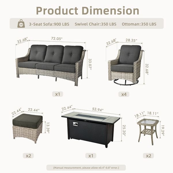 dimension image slide 4 of 8, OVIOS 10-piece Patio Wicker Swivel Rocking Chair Set With Fire Pit