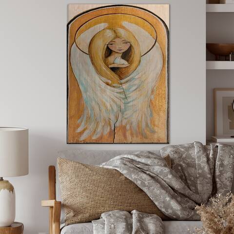 Designart 'Religious Angel Artwork III' Traditional Wood Wall Art Décor - Natural Pine Wood
