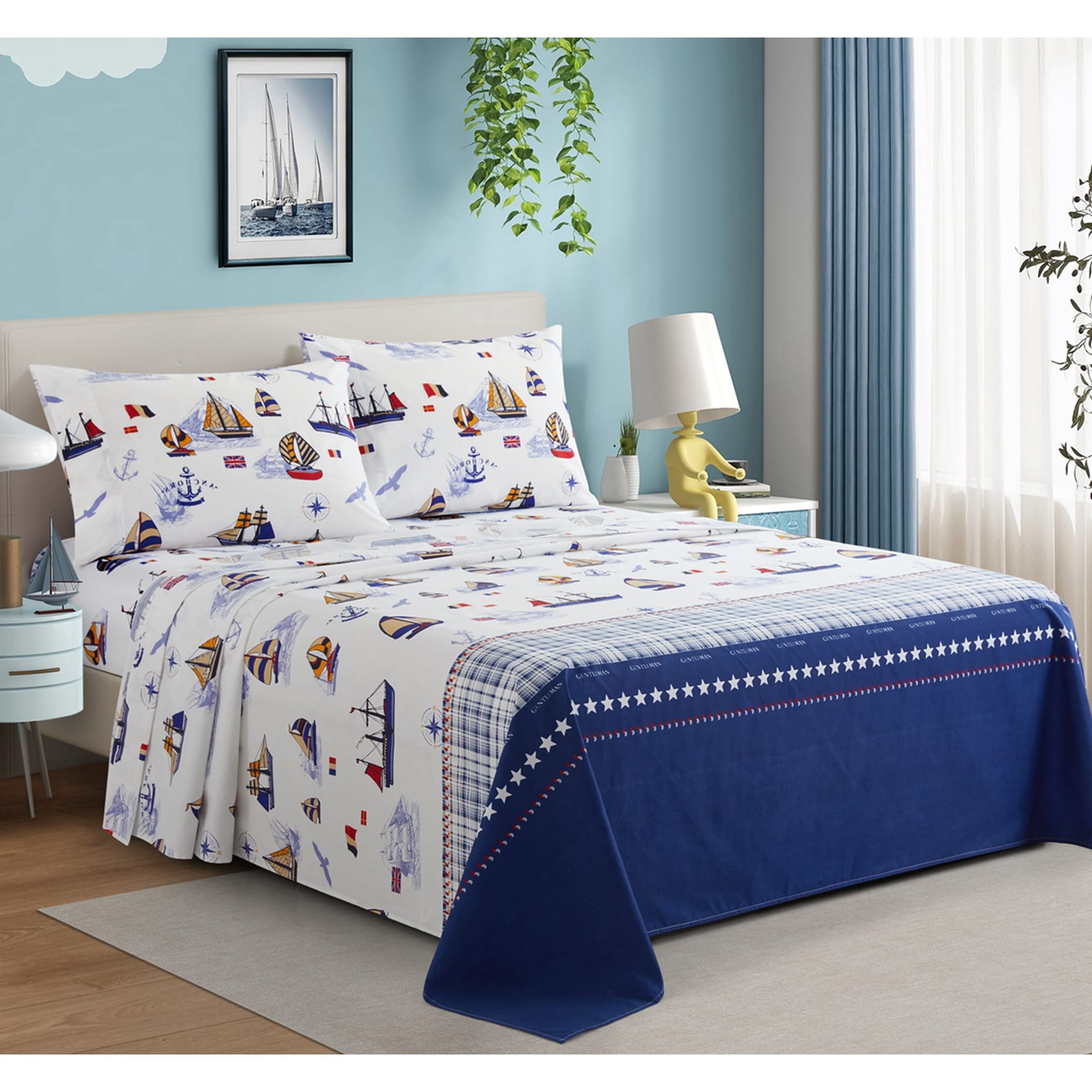 Kids Boys Printed 600 Thread Count Soft Deep Pocket Cotton Blend Percale All Season Bedding Sheet Set Nautical Sailing Boat Bed Bath Beyond 39190808