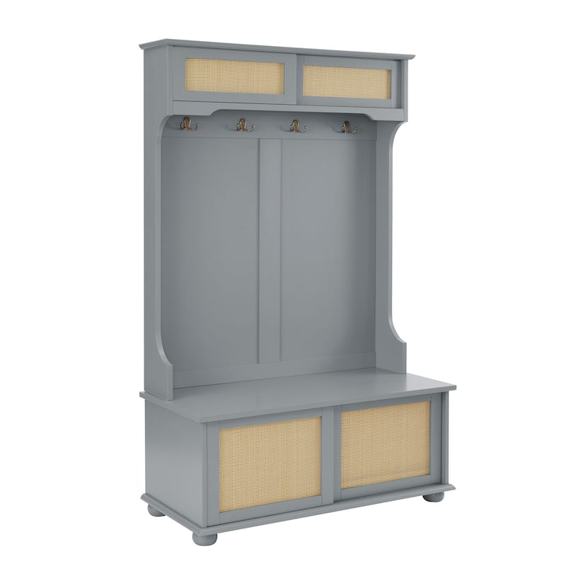 Entryway Coat Rack Bench Storage Bench with Rattan Door Shelves, Rustic Hallway Hall Tree Indoor Bench with Cabinet