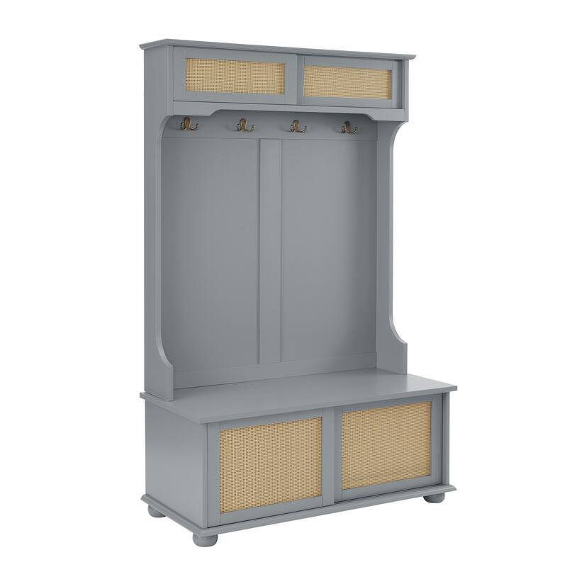 Modern Rattan Door Coat Rack Entryway Storage Bench with Shoe Storage Compartments and Open Shelves