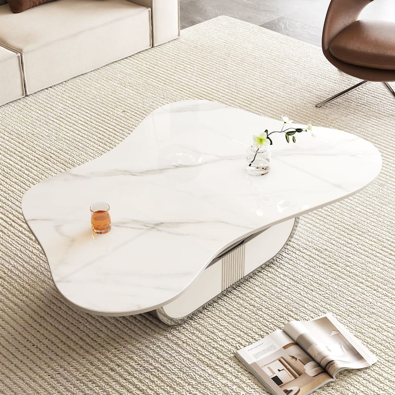 Butterfly Shape Coffee Table Center Table with Sintered Stone Top, Oval Stainless Steel Base, MDF Cabinet with Shelf and Drawer