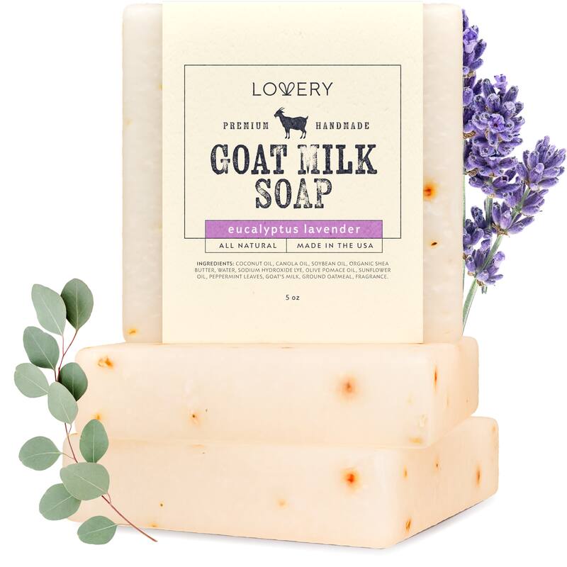 Lovery Handmade Goat Milk Soap Made in USA with Shea Butter - Eucalyptus Lavender Scent - Goats Milk Soap Bar, 3 Pack