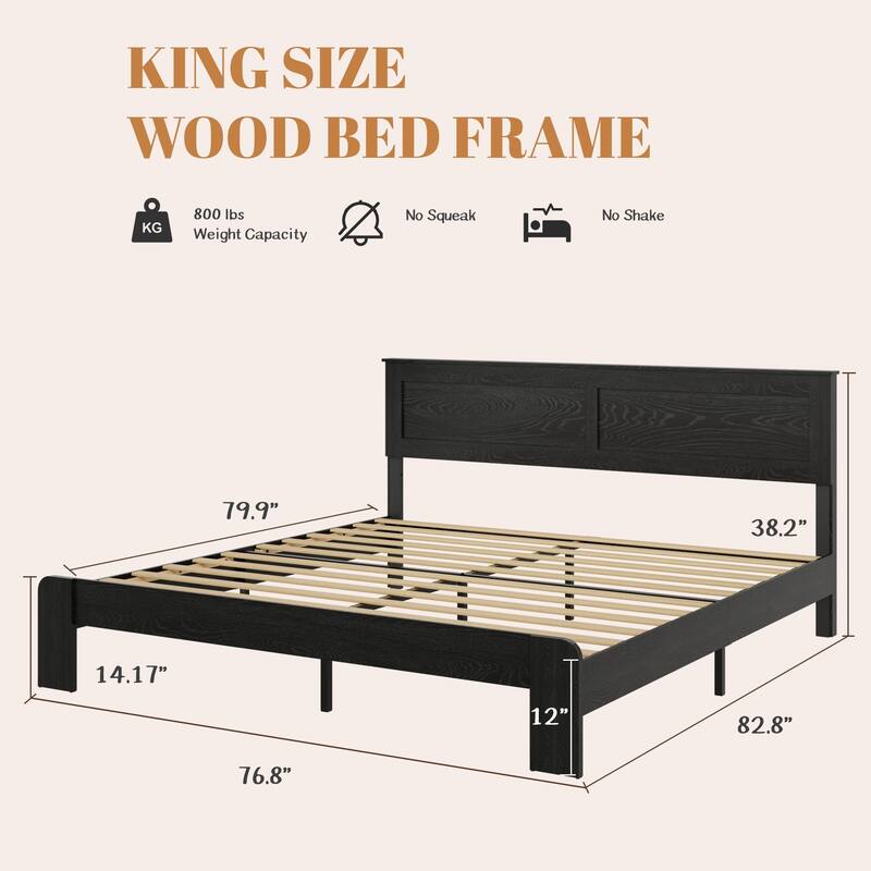 King Size Wood Platform Bed Frame, Noise Free, No Box Spring Needed, Easy Assembly, Large Under Bed Storage, Dark Black