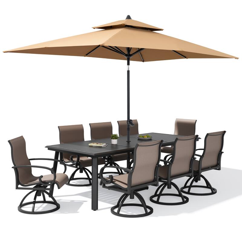 11-Piece Outdoor Patio Dining Set Aluminum Table and Swivel Sunbrella Dining Chairs w/ Umbrella and Base