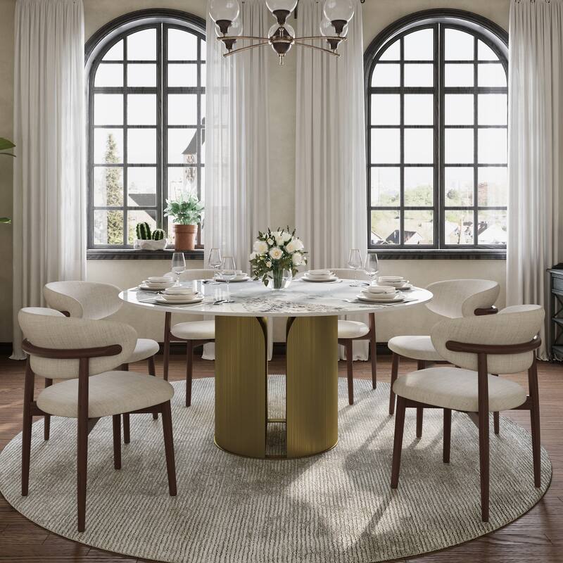 59" Modern Round Dining Table For 6-8, Glossy Sintered Stone Table Top, White Kitchen Table With Stainless Steel Base