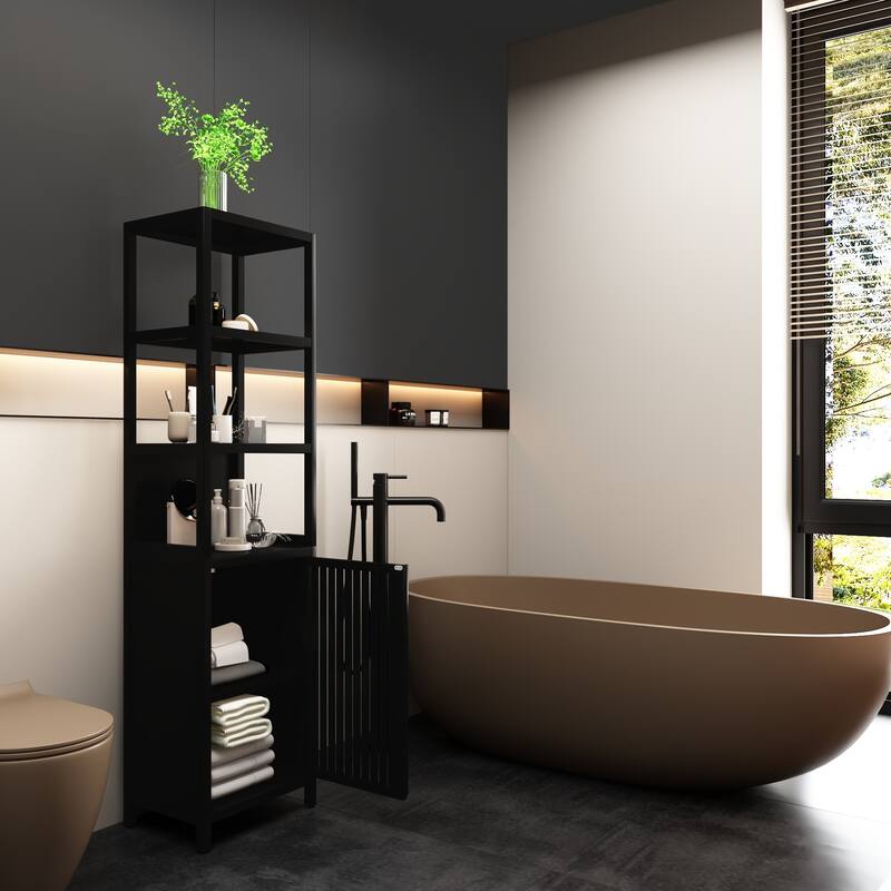 64.76" H Freestanding Bathroom Cabinet with 3 Tier Shelves, Natural Bamboo