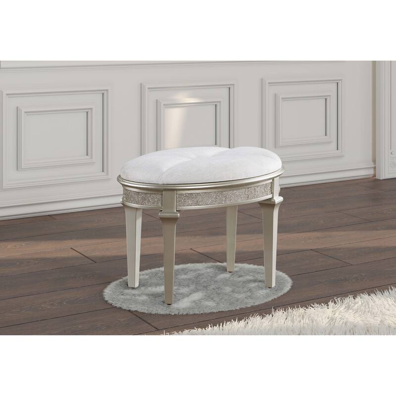 Evangeline Upholstered Oval Vanity Stool Silver and Ivory