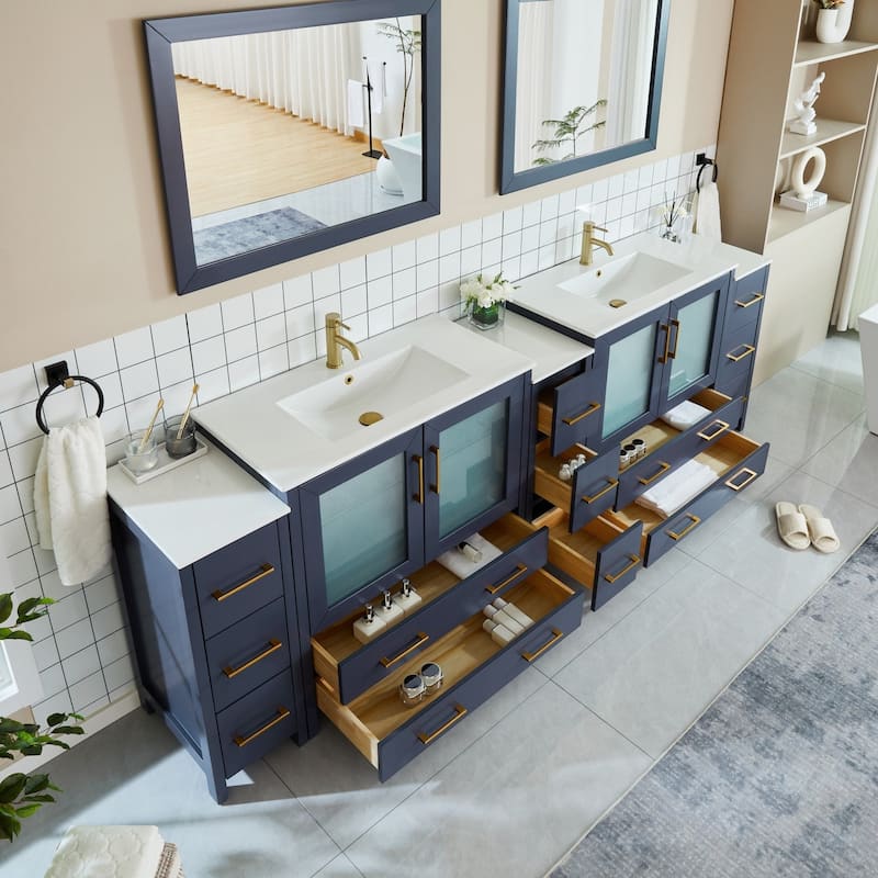 Vanity Art 108" Double Sink Bathroom Vanity Set 13 Dove-Tailed Drawers 3 Cabinets 2 Shelves Soft-Closing Doors with Free Mirror