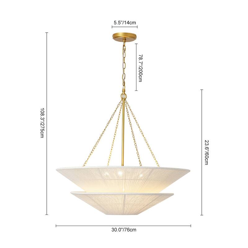 Woven Ivory String 2-Tier Round Shallow Cone Cage Chandelier Brass - 30 Inches