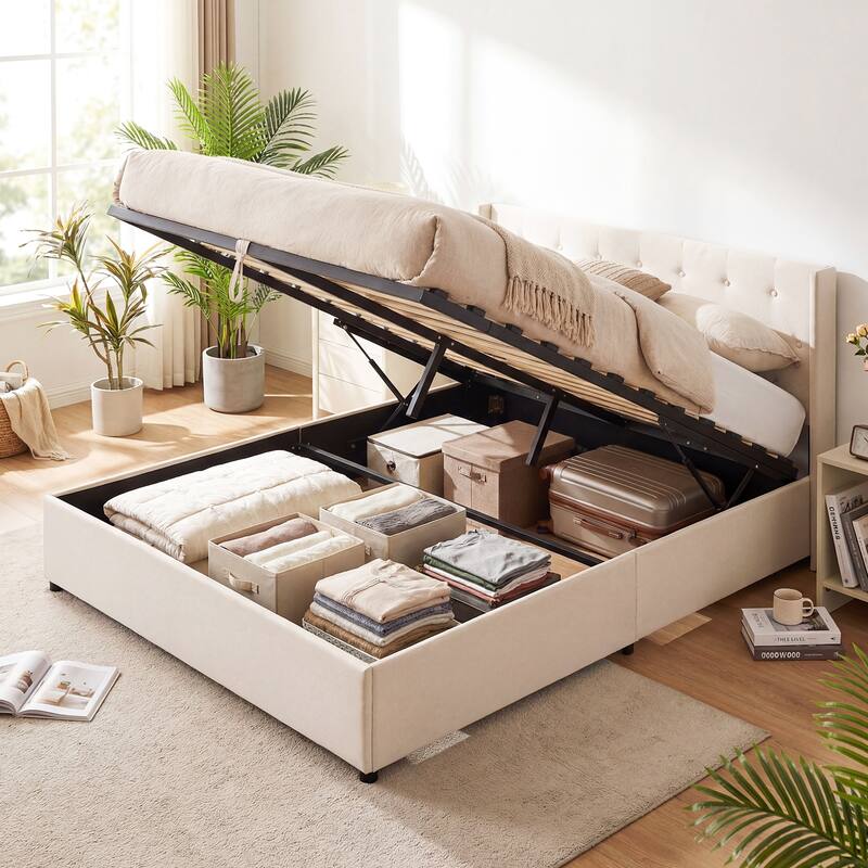 Gymax Queen Size Lift-up Storage Bed w/Tufted Wingback Headboard