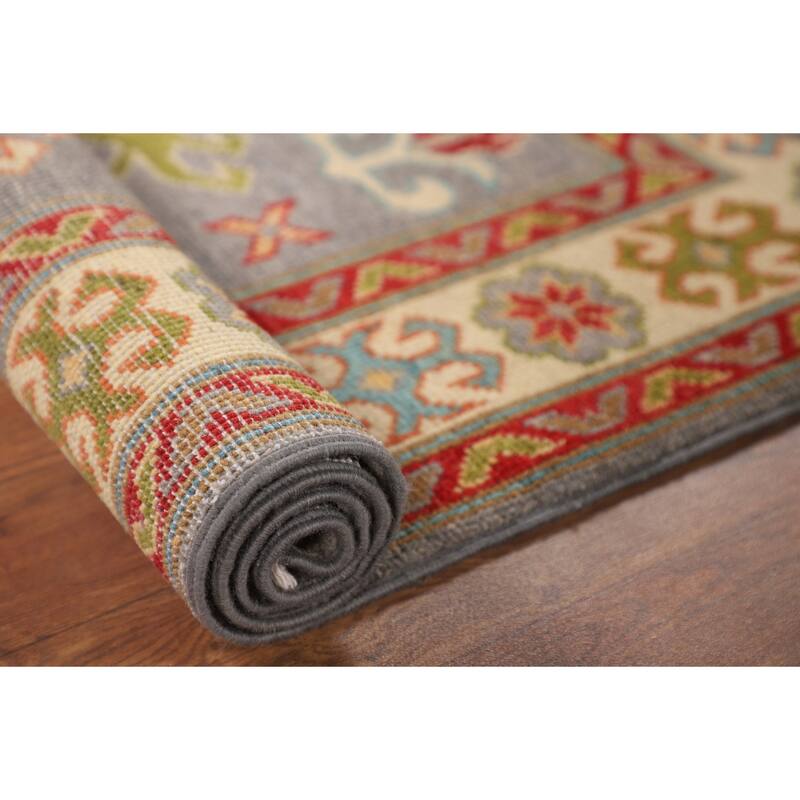 Gray Geometric Kazak Oriental Accent Rug Handmade Wool Carpet - 2'8" x 3'11"