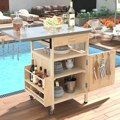40.5" Outdoor Grill Cart with Stainless Steel Top, Drop Leaf, One Drawer, Towel Rack, Rolling Kitchen Cart with Lockable Wheels