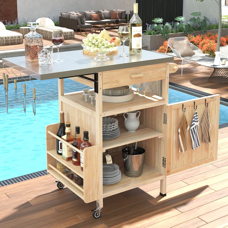 40.5" Outdoor Grill Cart with Stainless Steel Top,Solid Wood Outdoor Storage Cabinet with Drop Leaf - N/A