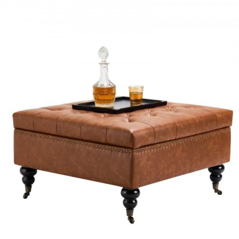 Leather Square Storage Ottoman with Wheels and Wooden Frame – Tufted Coffee Table Bench - Brown