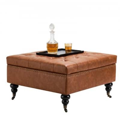 Leather Square Storage Ottoman with Wheels and Wooden Frame – Tufted Coffee Table Bench