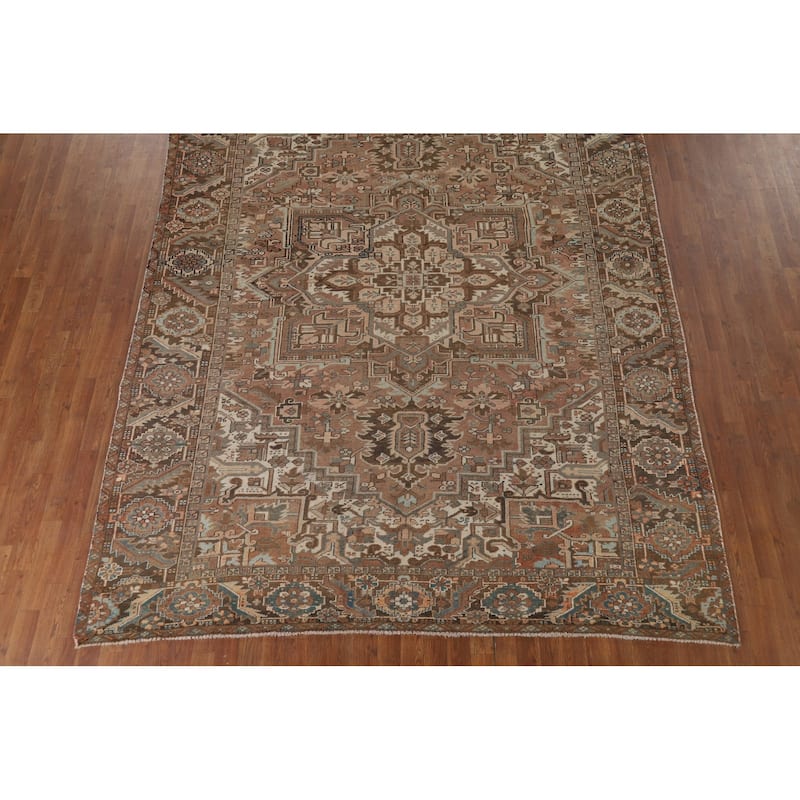 Geometric Heriz Vintage Persian Area Rug Hand-Knotted Wool Carpet - 8'0" x 10'9"